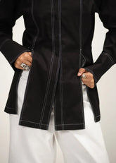 A Model Wearing Black Poplin Black Poplin Shirt With Top Stitch Detail, curated by Only Ethikal